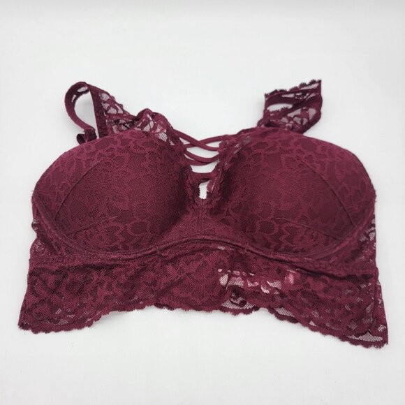 Victoria‎ Secret PINK Bra Maroon Lace Push-up Underwire Padded Cross Back S NWOT - Picture 1 of 9